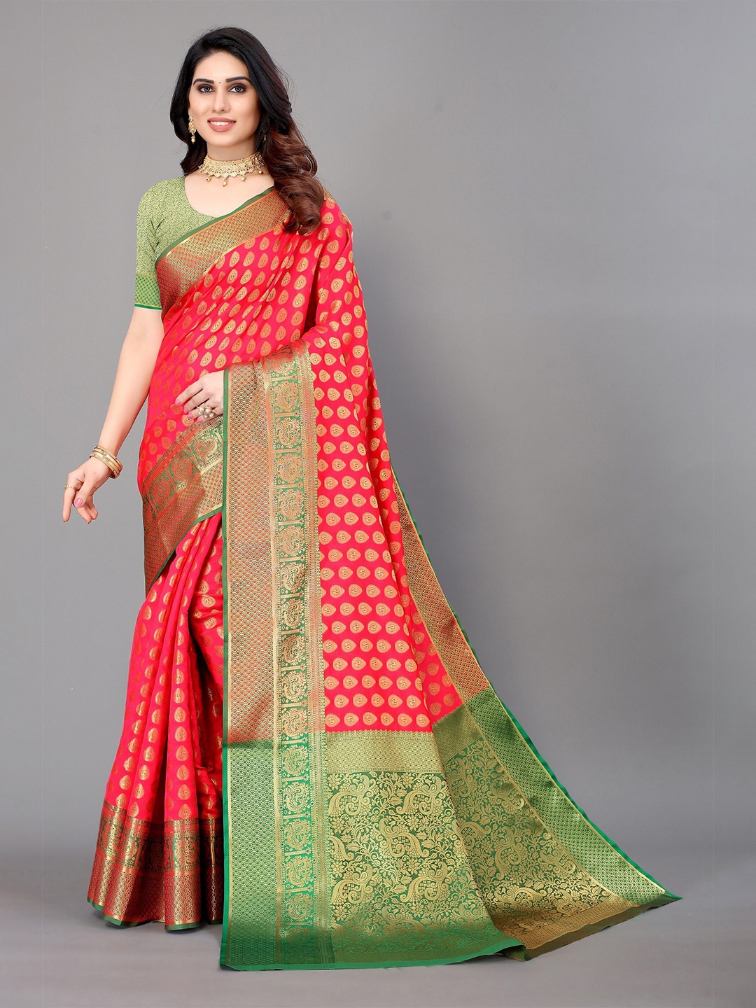 

Winza Designer Red & Green Ethnic Motifs Zari Silk Blend Banarasi Saree