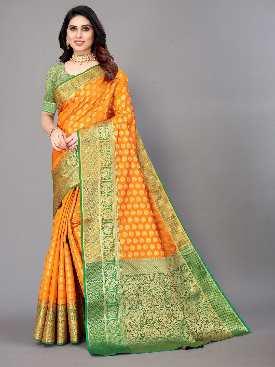 

Winza Designer Yellow & Green Ethnic Motifs Zari Silk Blend Fusion Banarasi Saree