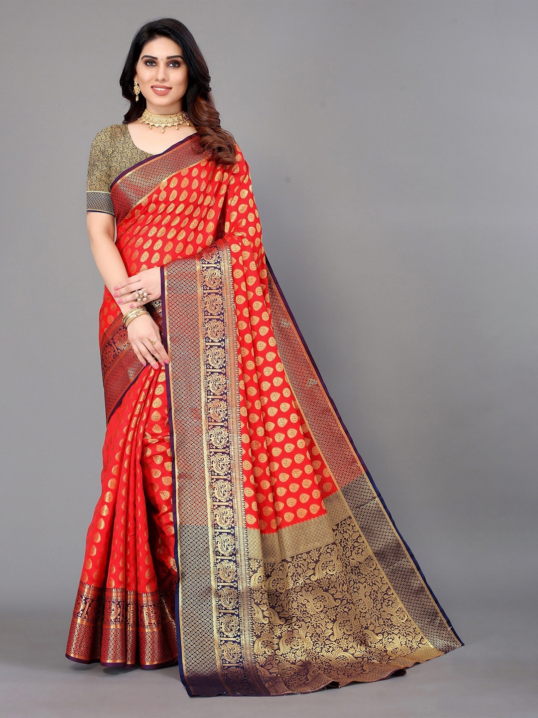

Winza Designer Red & Purple Ethnic Motifs Zari Silk Blend Banarasi Saree
