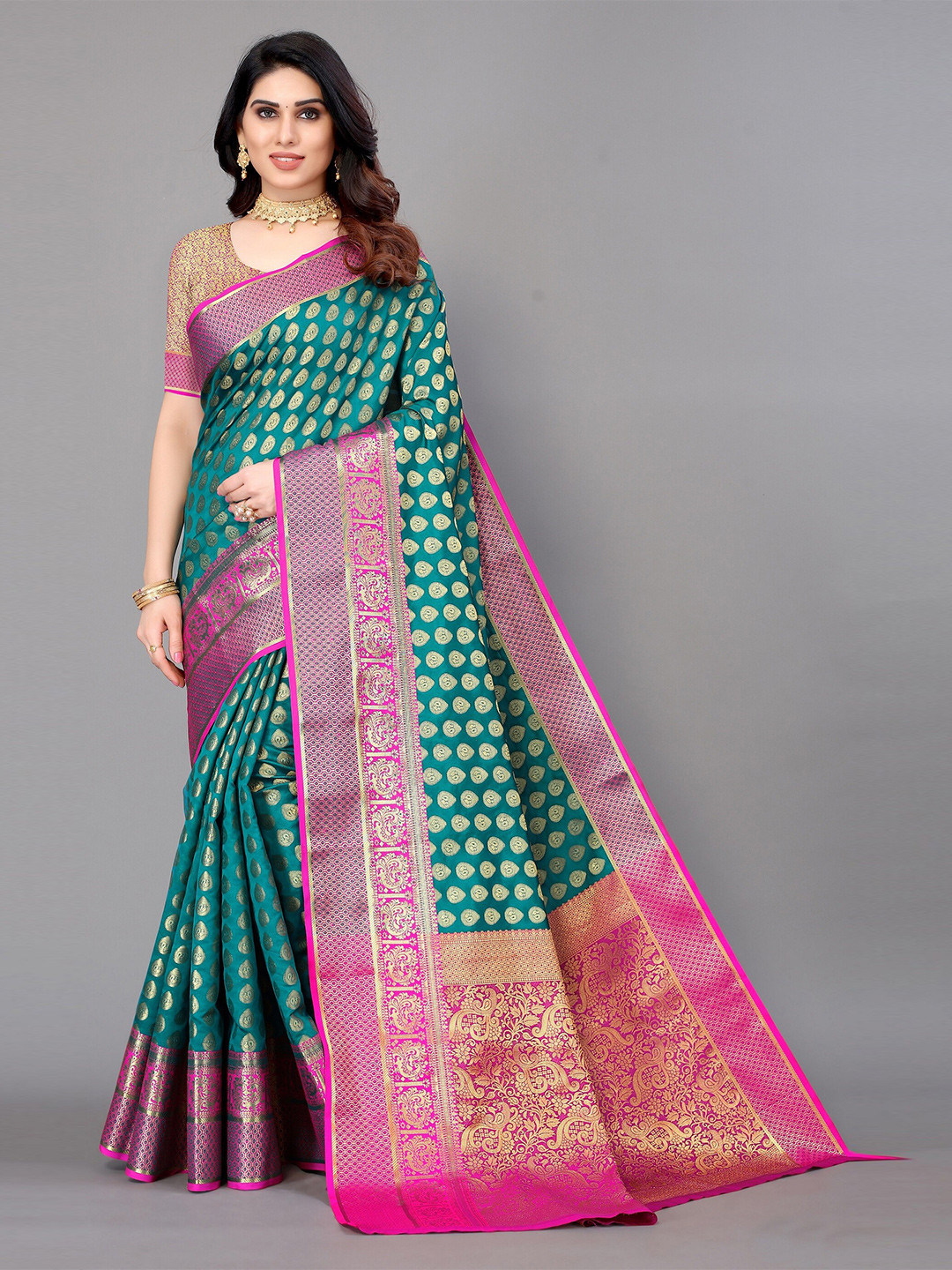 

Winza Designer Teal & Pink Ethnic Motifs Zari Silk Blend Banarasi Saree