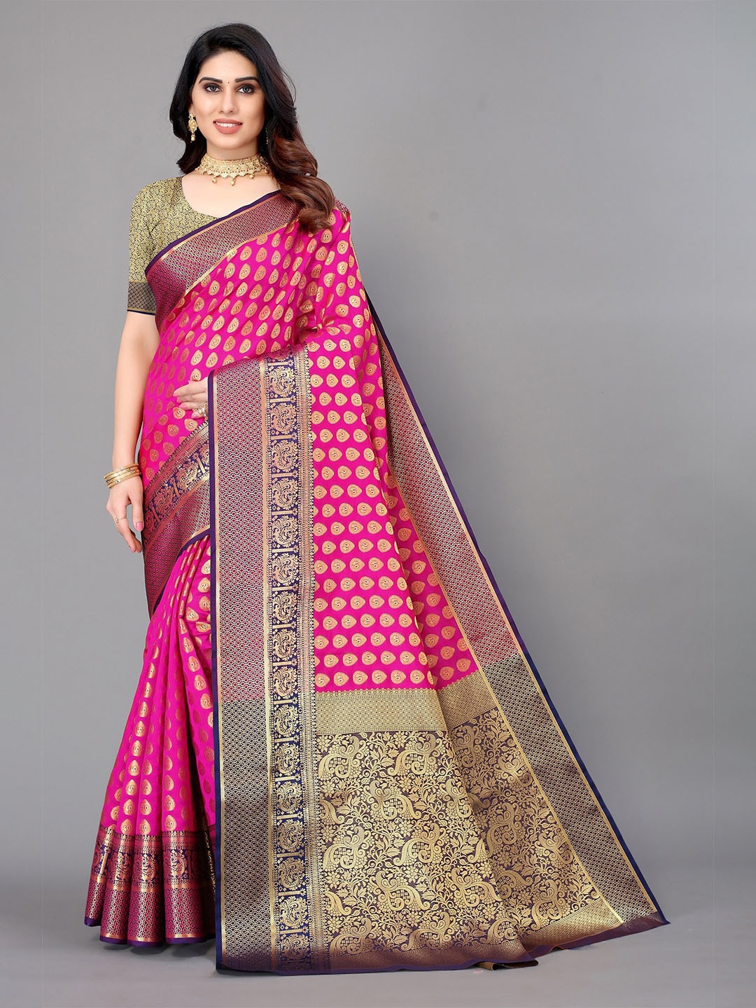 

Winza Designer Pink & Navy Blue Ethnic Motifs Zari Silk Blend Fusion Banarasi Saree