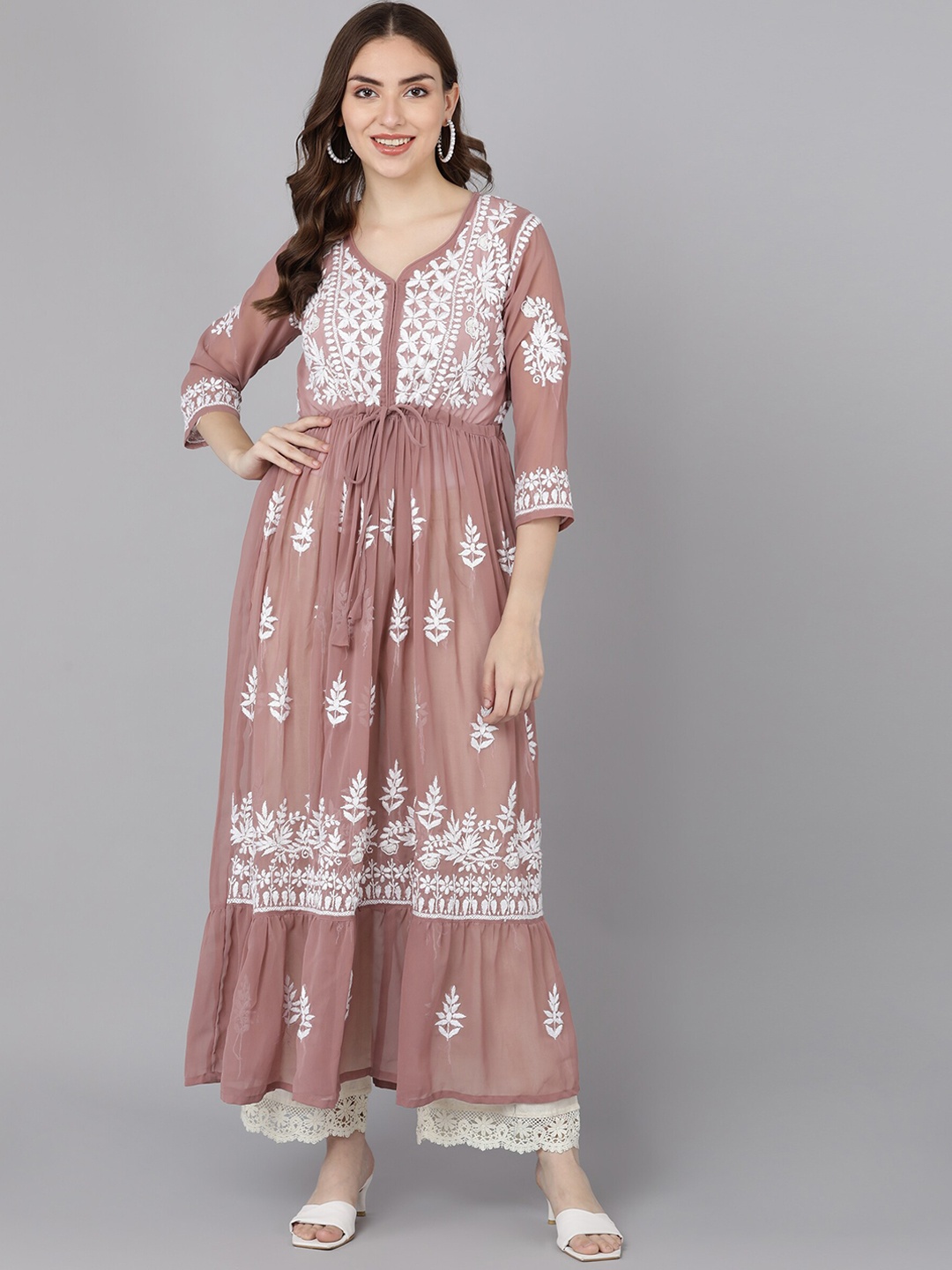 

VAHSON Embroidered Ethnic Motifs Georgette Lucknow Chikankari Anarkali Kurta, Mauve
