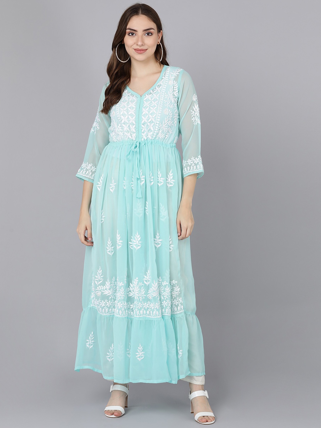 

VAHSON Hand Embroidered Ethnic Motifs Georgette Lucknowi Chikankari Anarkali, Blue