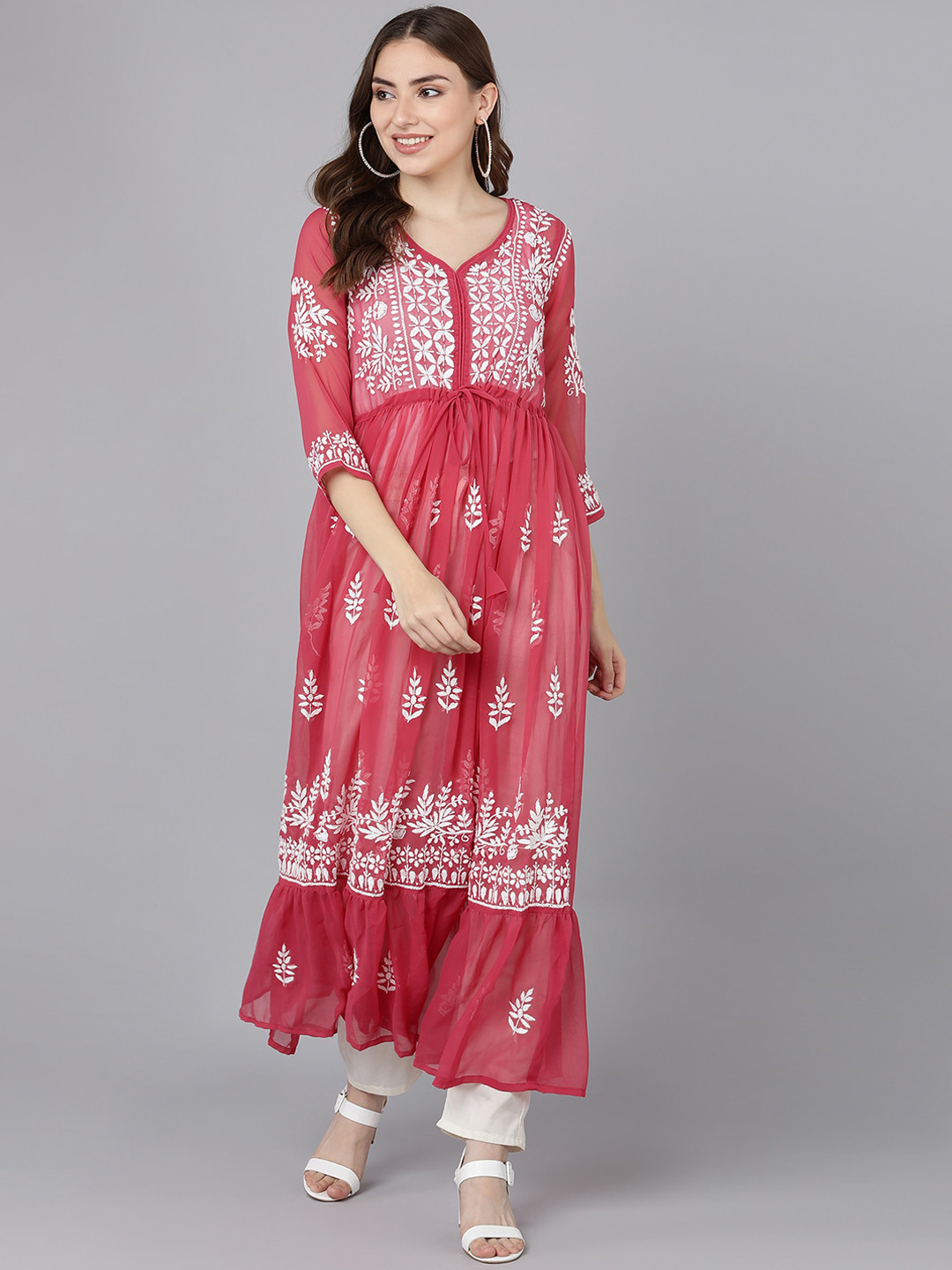 

VAHSON Ethnic Motifs Embroidered Georgette Lucknowi Chikankari Anarkali Kurta, Red