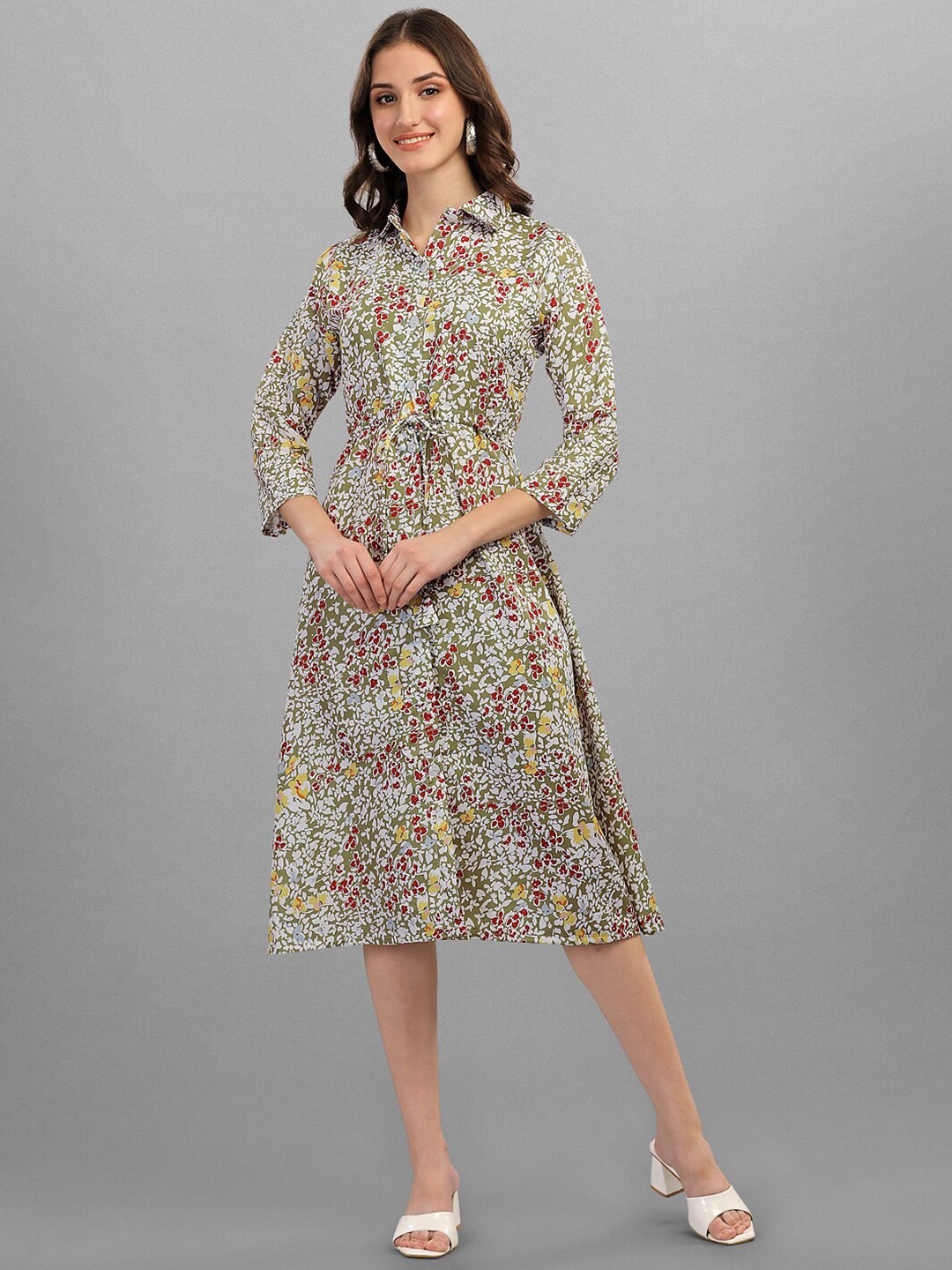 

GUFRINA Green & Red Floral A-Line Midi Dress
