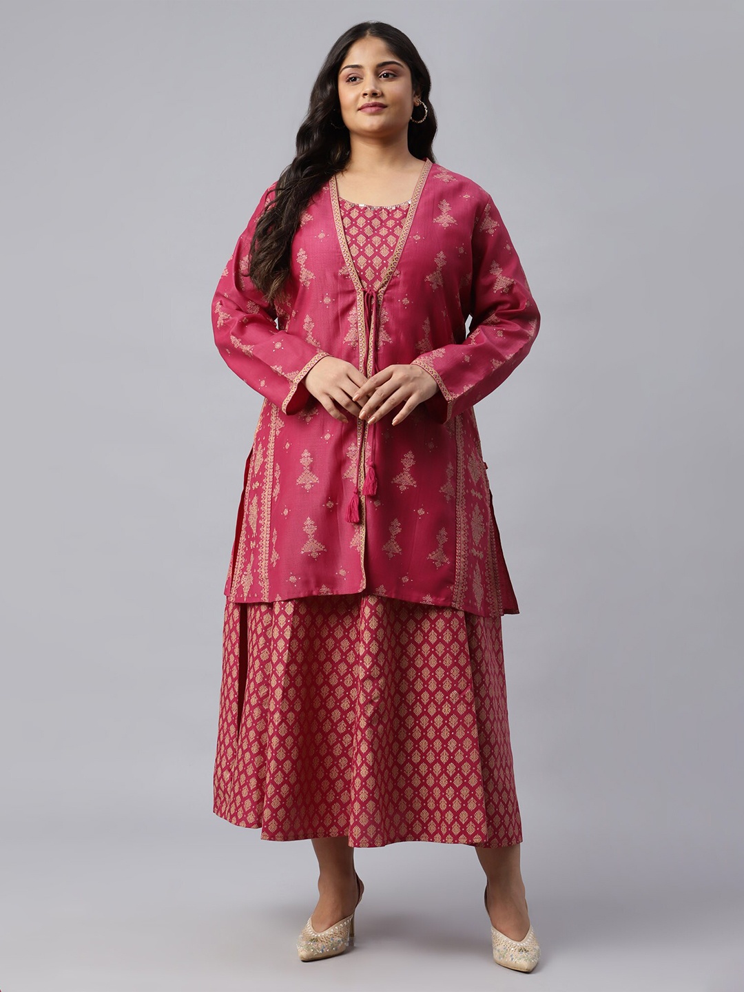 

W Pink Ethnic Motifs Satin Ethnic A-Line Maxi Dress