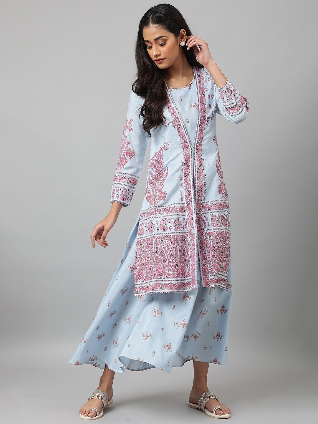 

W Blue Ethnic Motifs Layered Satin Ethnic A-Line Midi Dress