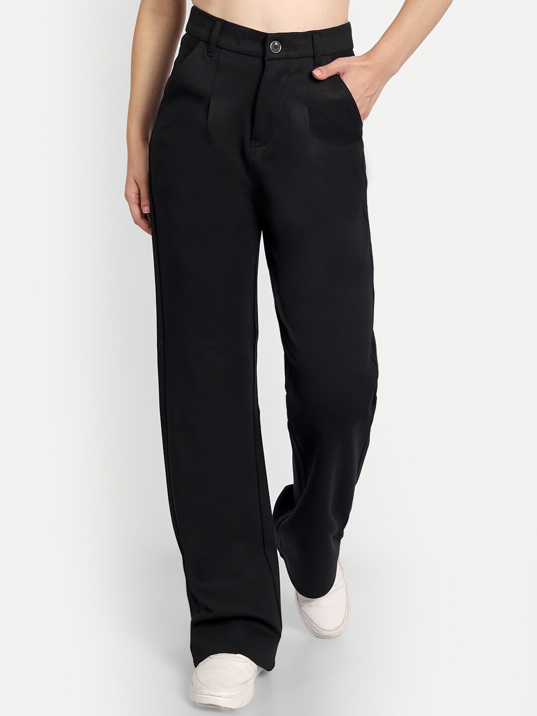 

BROADSTAR Women Black Relaxed Straight Leg Loose Fit High-Rise Easy Wash Pleated Trousers