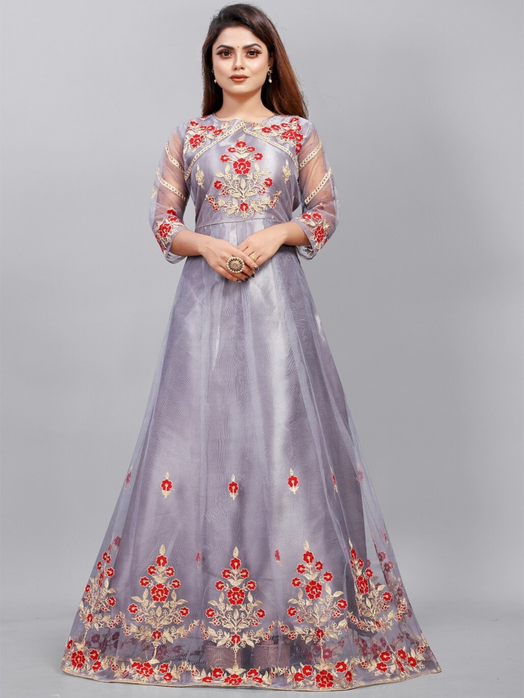 

APNISHA Grey & Red Floral Net Ethnic Maxi Dress