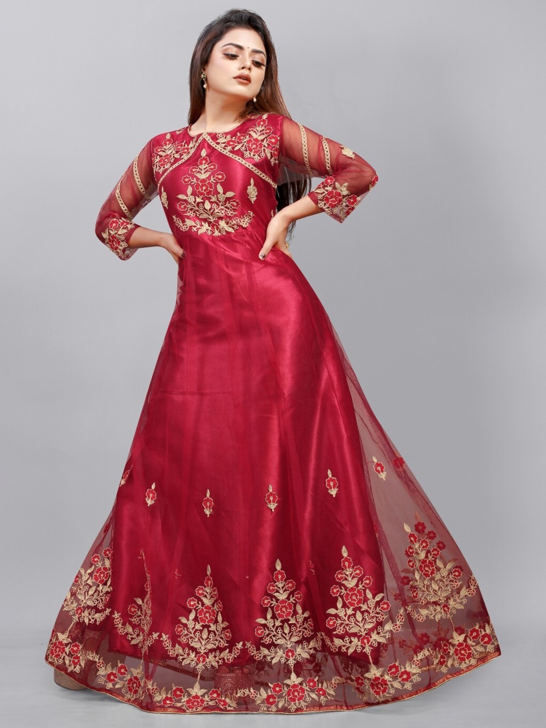 

APNISHA Maroon & Gold-Toned Floral Net Ethnic Maxi Dress