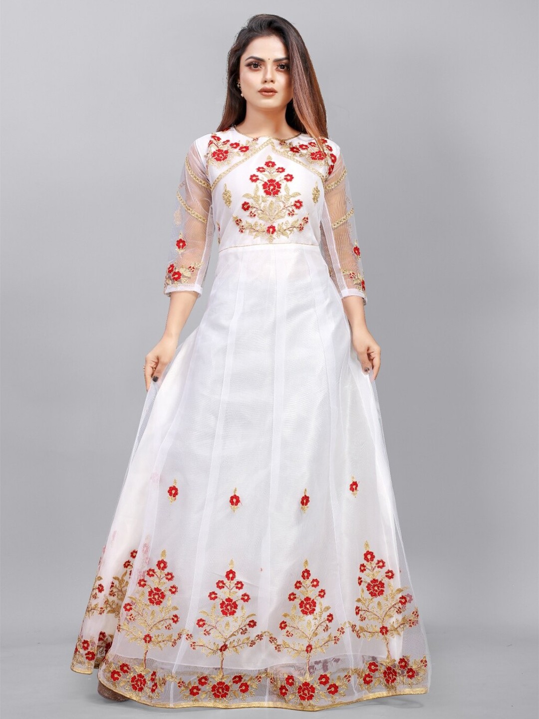 

APNISHA White & Gold-Toned Floral Net Ethnic Maxi Dress