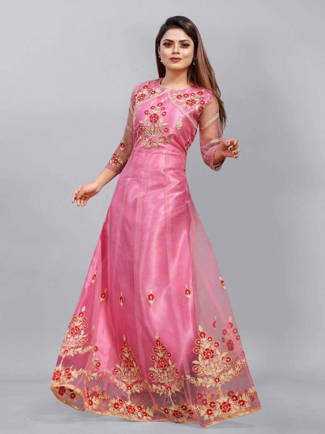 

APNISHA Peach-Coloured & Gold-Toned Embellished Net Ethnic Maxi Dress