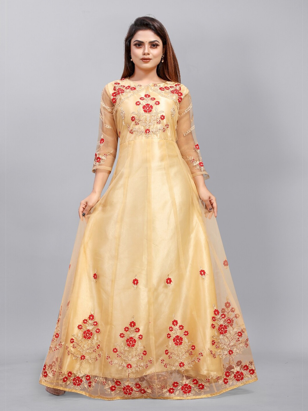 

APNISHA Beige & Gold-Toned Floral Net Ethnic Maxi Dress