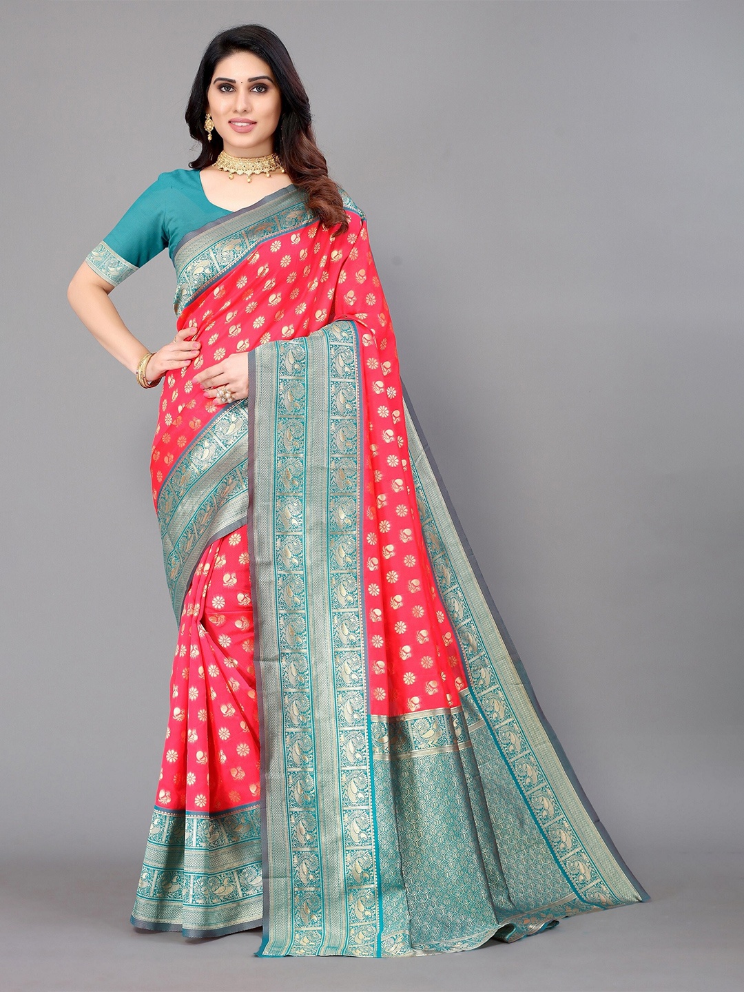 

Winza Designer Fuchsia & Blue Ethnic Motifs Zari Silk Blend Banarasi Saree