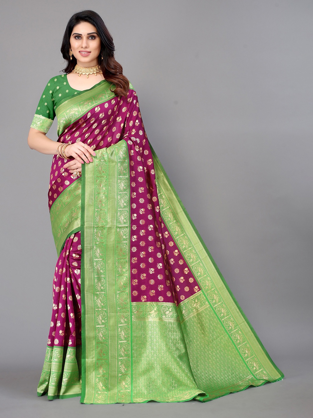 

Winza Designer Magenta & Green Ethnic Motifs Zari Silk Blend Banarasi Saree