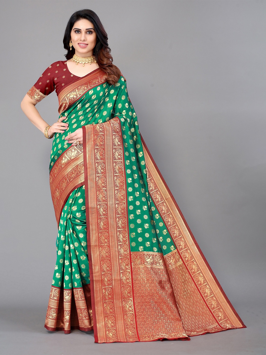 

Winza Designer Green & Maroon Ethnic Motifs Zari Silk Blend Banarasi Saree