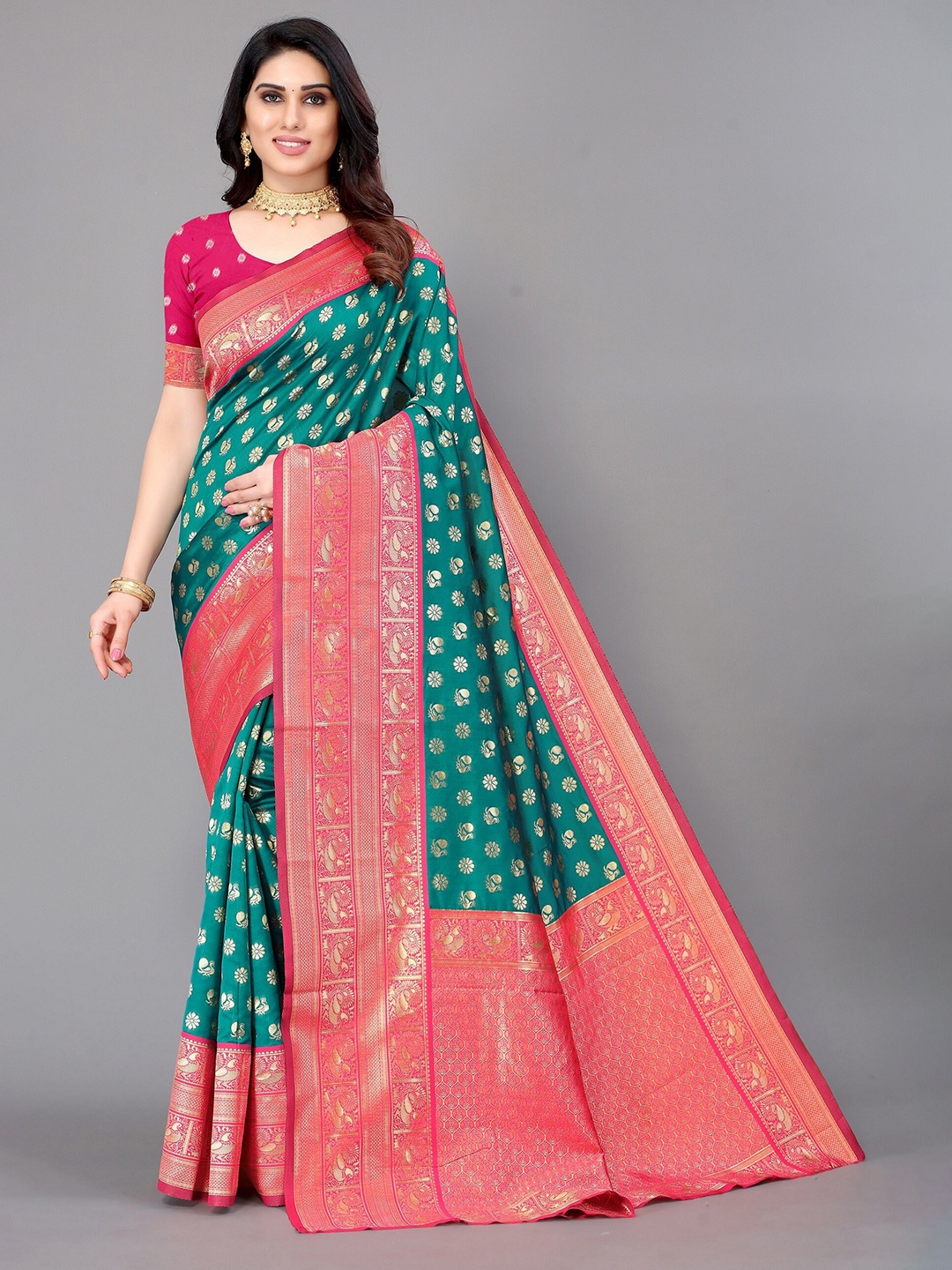 

Winza Designer Green & Pink Ethnic Motifs Zari Silk Blend Banarasi Saree