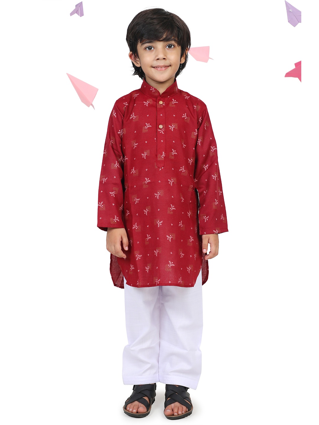

Kidling Boys Maroon & White Ethnic Motifs Printed Kurta with Pyjamas