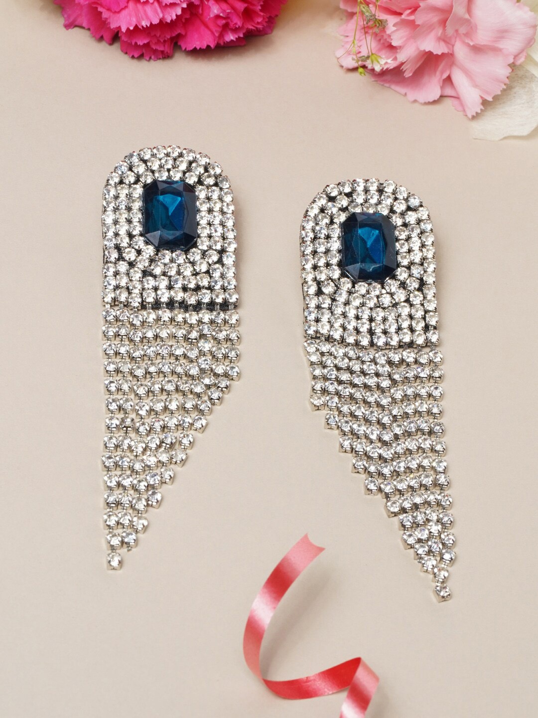 

DressBerry Navy Blue & White Silver-Plated Geometric Drop Earrings