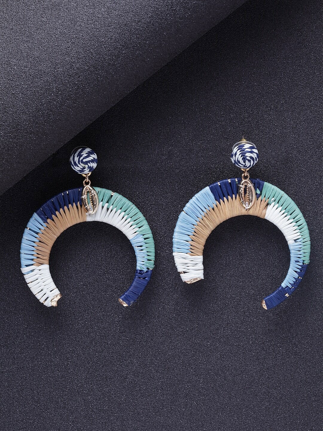 

DressBerry Brown & Navy Blue Gold-Plated Crescent Shaped Artificial Beads Drop Earrings