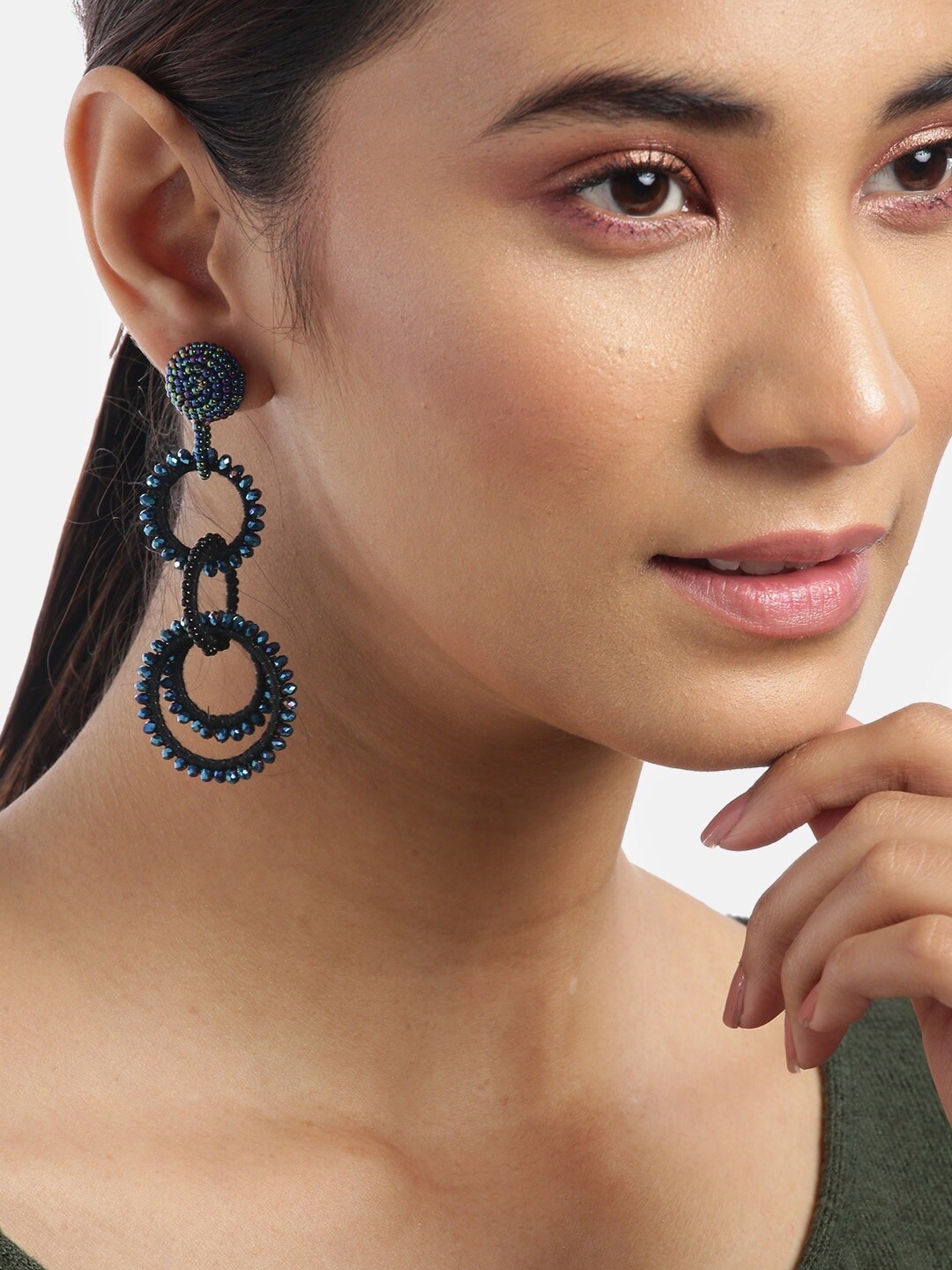 

DressBerry Navy Blue & Black Gold-Plated Geometric Drop Earrings