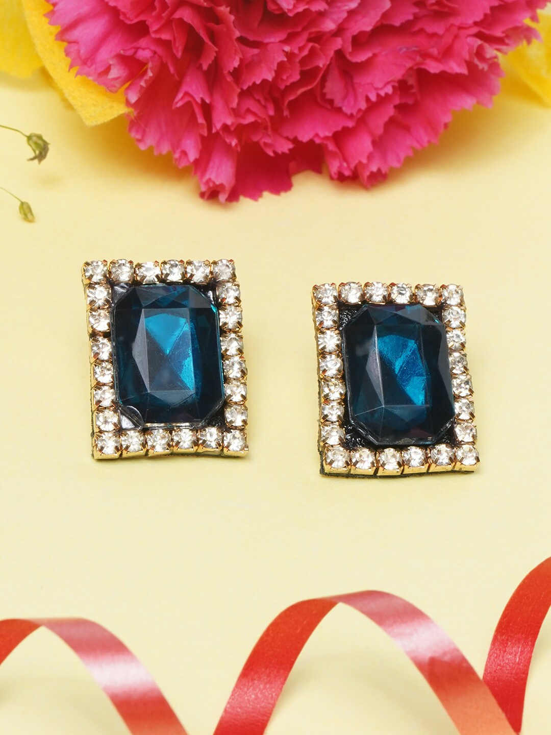

DressBerry Navy Blue & White Rose Gold-Plated Contemporary Stud Earrings