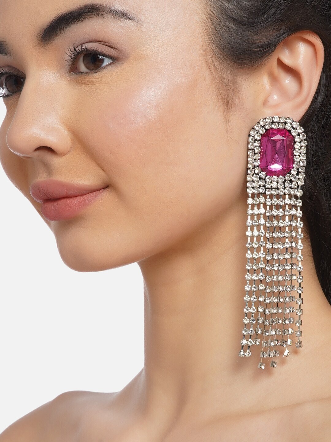 

DressBerry Pink & White Silver-Plated Contemporary Drop Earrings
