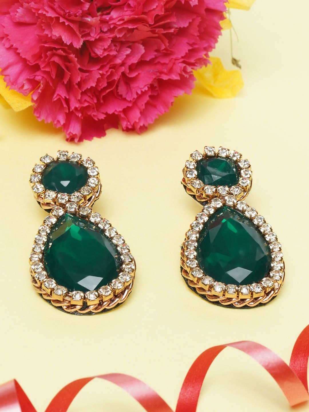 

DressBerry Green Teardrop Shaped Drop Earrings