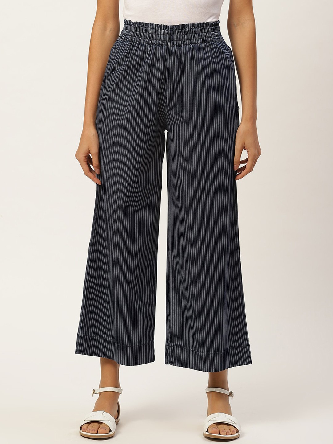 

Xpose Women Blue Striped Smart High-Rise Cotton Trousers