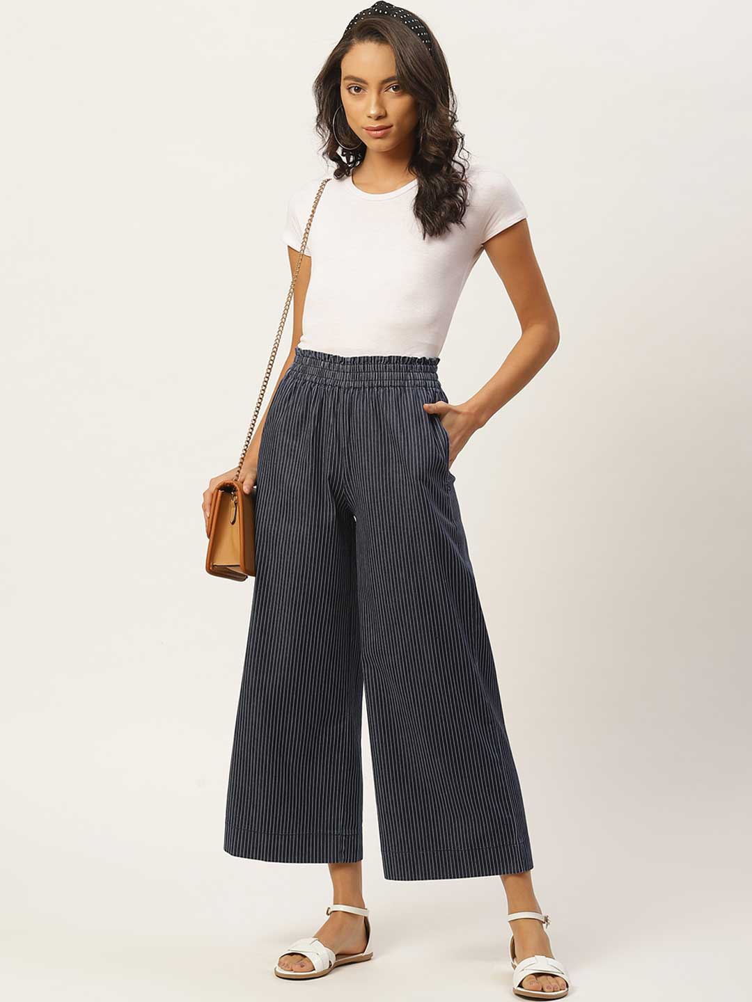 

Xpose Women Blue Striped Smart High-Rise Cotton Trousers