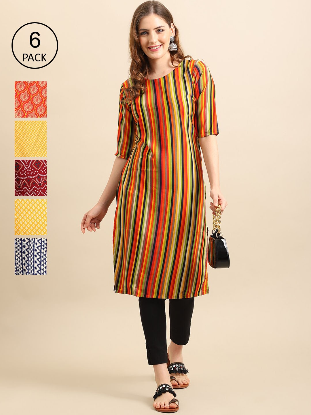

7Threads Women Pack Of 6 Printed Crepe Straight Kurta, Yellow