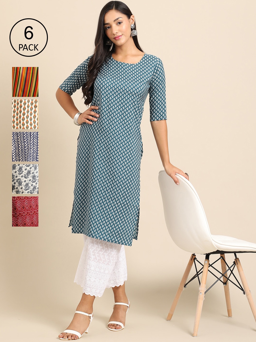 

7Threads Women Pack Of 6 Printed Crepe Straight Kurta, Blue