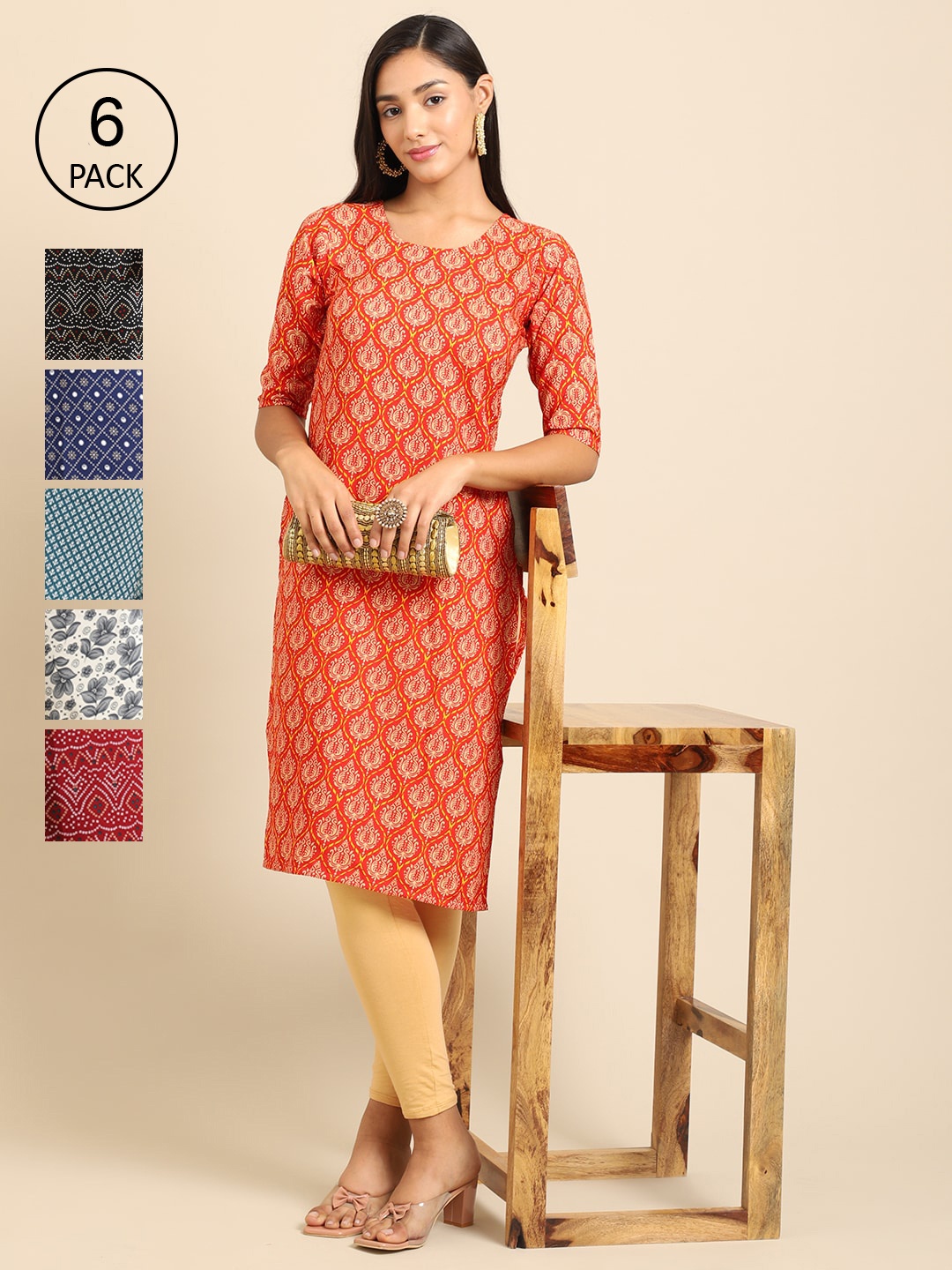 

7Threads Women Pack of 6 Orange & Grey Ethnic Motifs Printed Crepe Kurta