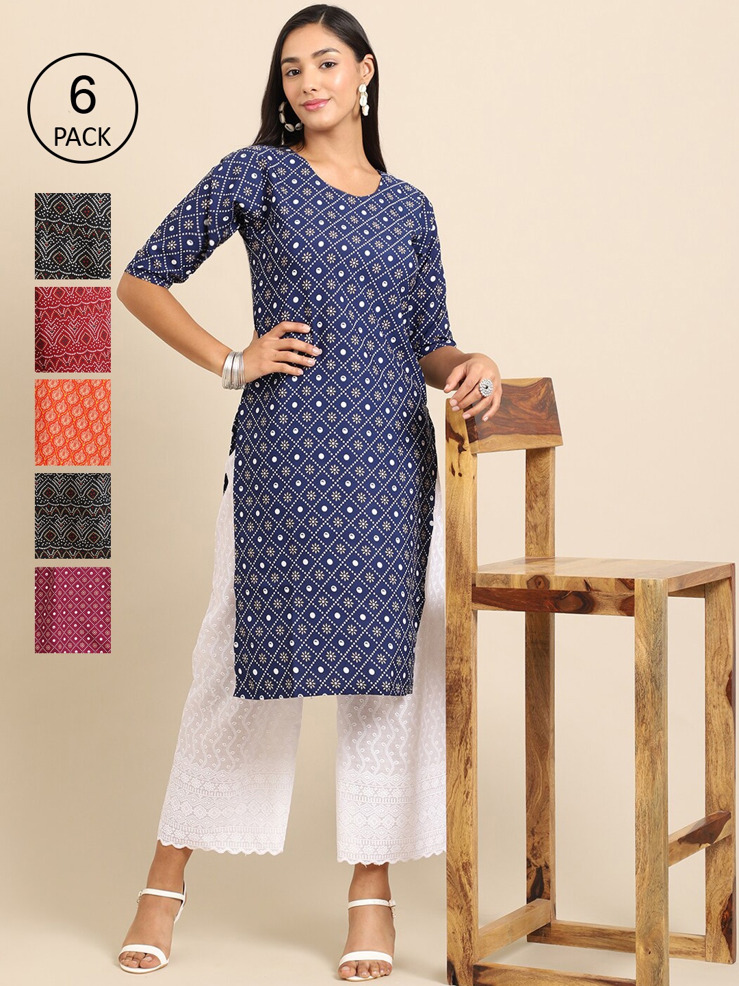 

7Threads Women Multicoloured Quirky Printed Keyhole Neck Flared Sleeves Mirror Work Block Print Crepe Kurta, Multi