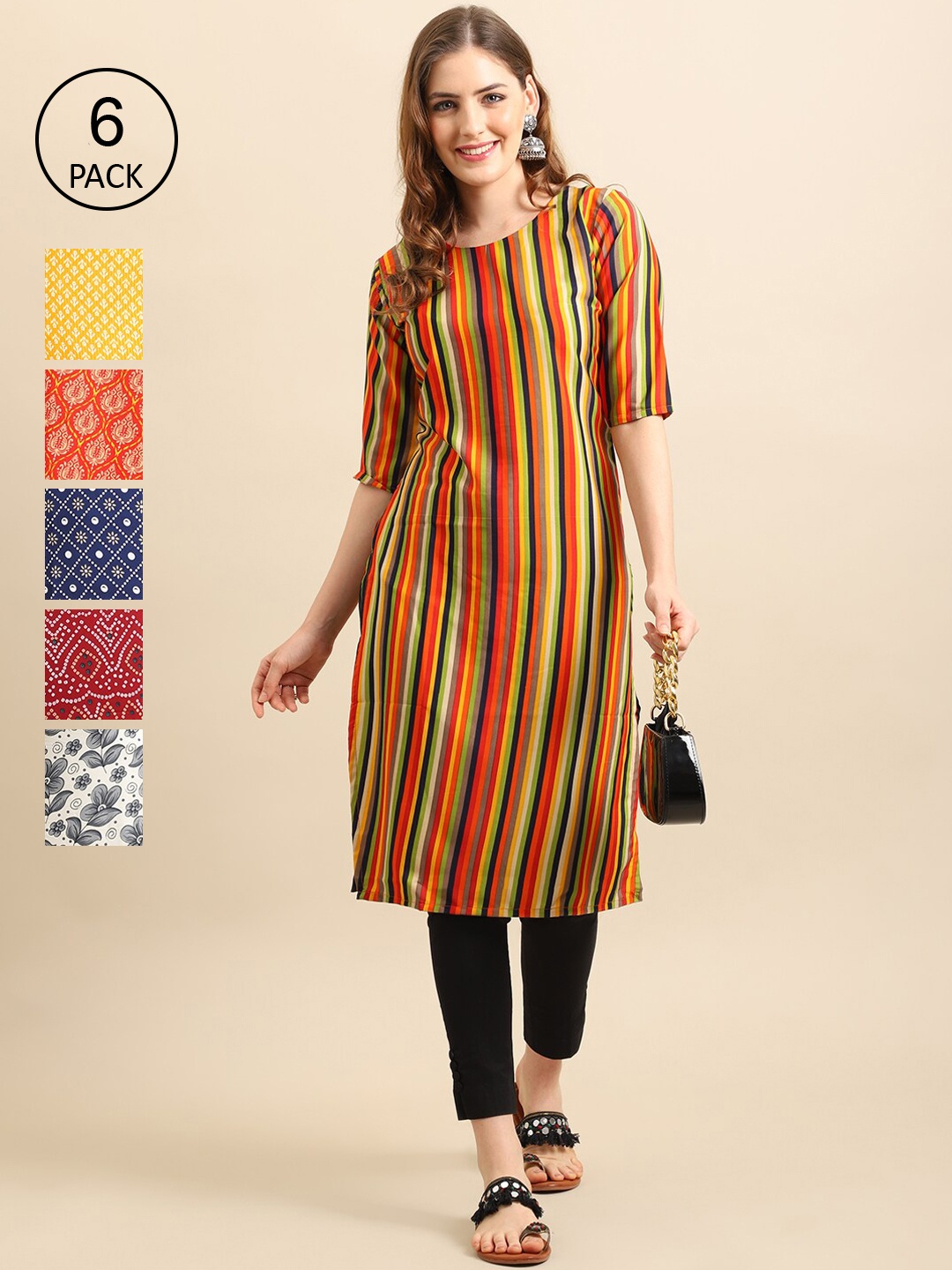 

7Threads Pack of 6 Women Printed Straight Crepe Kurta, Multi