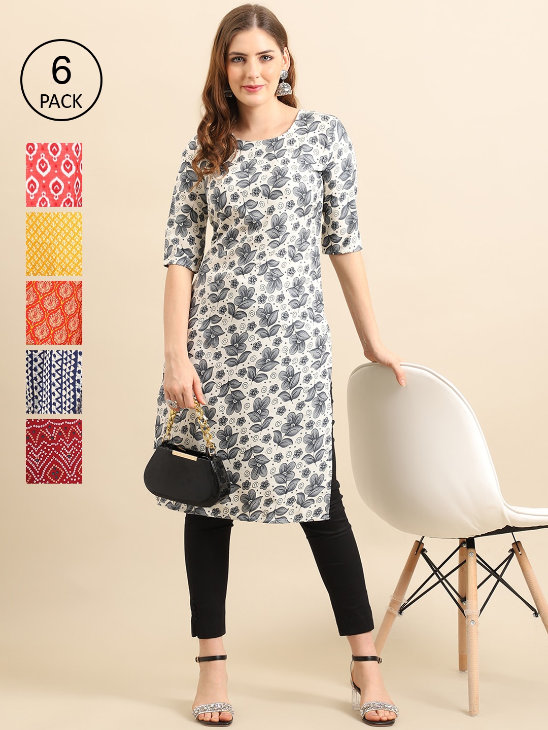 

7Threads Women Pack Of 6 Geometric Printed Crepe Kurta, Yellow