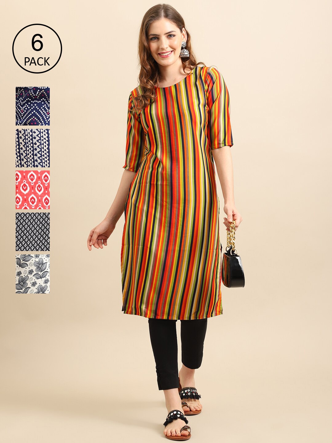 

7Threads Women Pack Of 6 White Geometric Printed Crepe Kurta