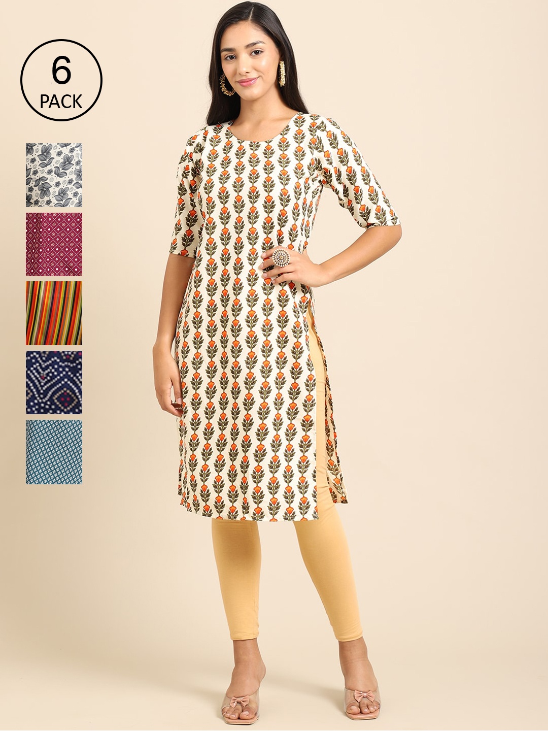 

7Threads Women Pack Of 6 Printed Crepe Kurta, Cream
