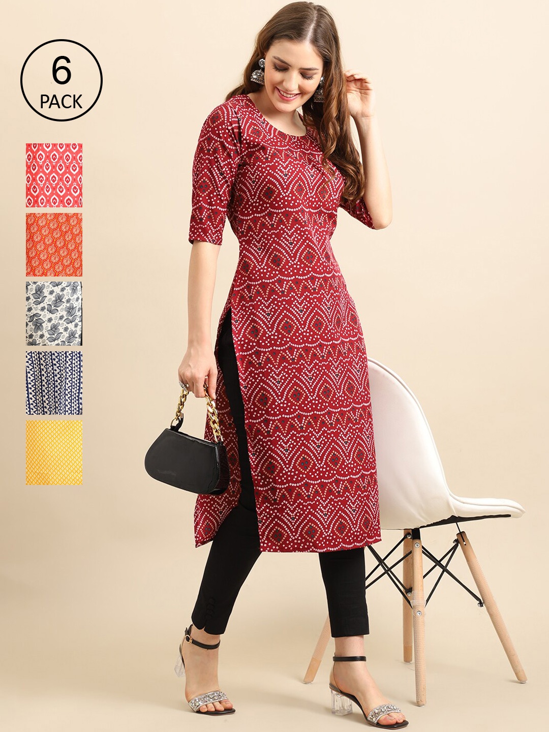 

7Threads Women Pack Of 6 Floral Printed Block Print Crepe Kurta, Multi