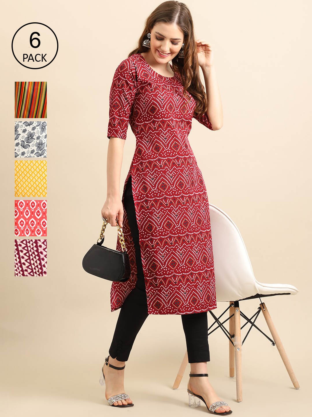 

7Threads Women Pack of 6 Floral Printed Crepe Kurtas, Maroon