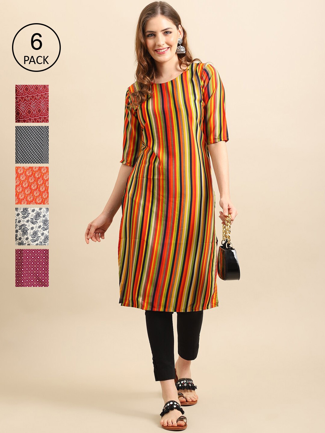 

7Threads Women Yellow & Maroon Pack of 6 Geometric Printed Crepe Kurtas