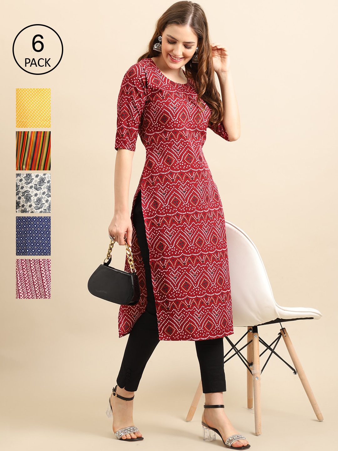 

7Threads Women Pack Of 6 Printed Crepe Kurta, Multi
