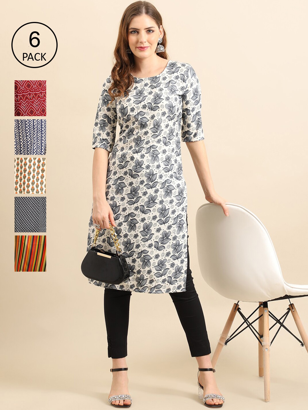 

7Threads Women Pack of 6 Digital Printed Straight Kurtas, Multi
