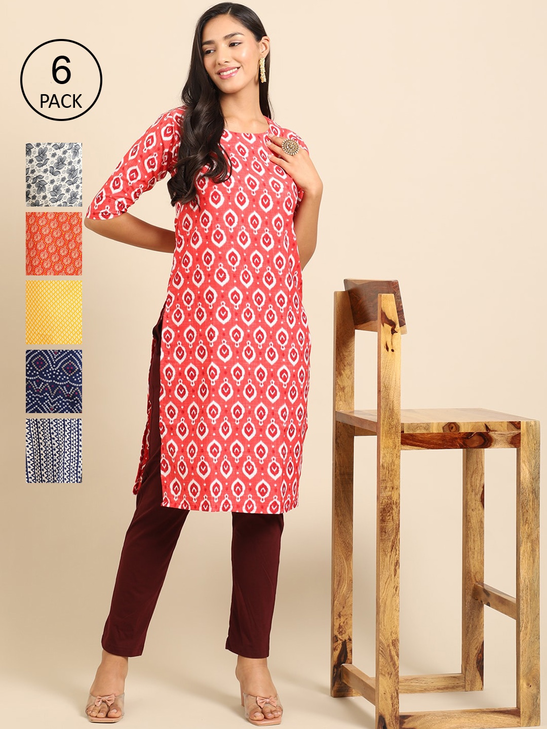

7Threads Women Pack of 6 Digital Printed Straight Kurtas, Multi