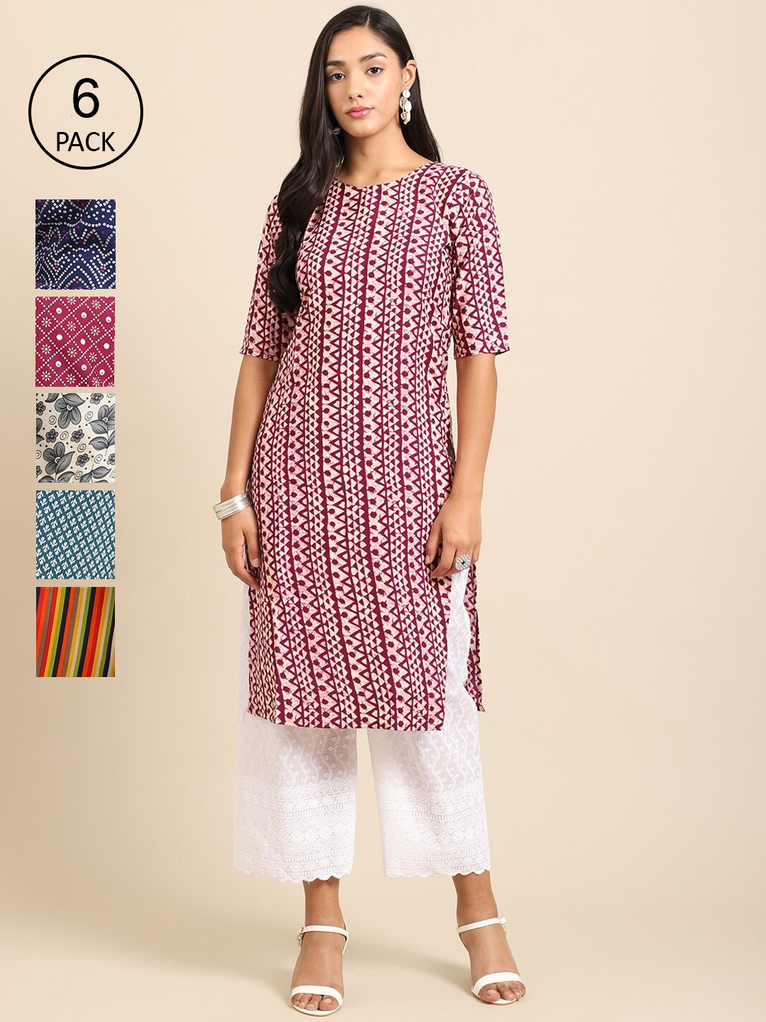 

7Threads Women Pack of 6 Digital Printed Straight Kurtas, Multi