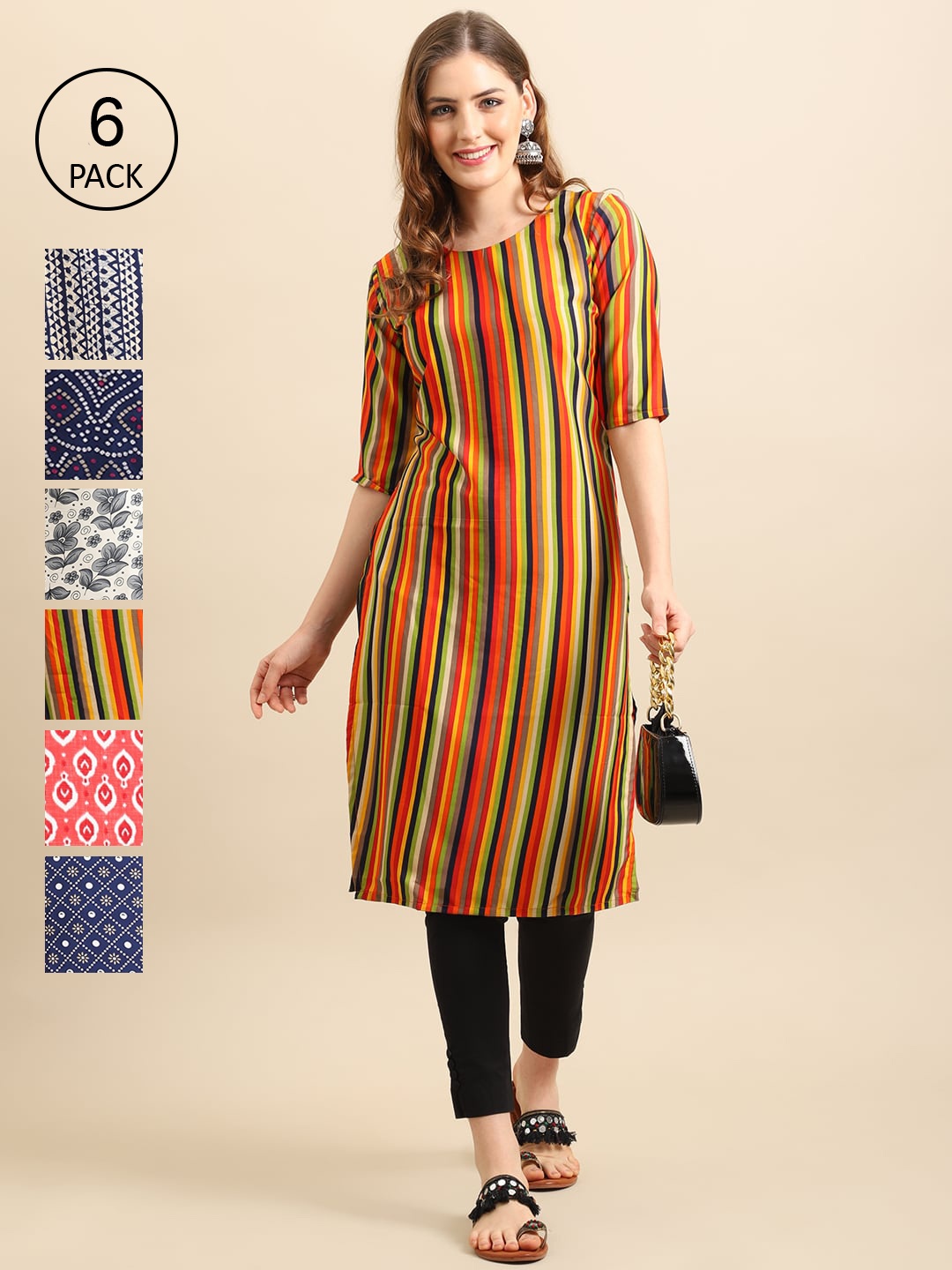 

7Threads Women Pack of 6 Digital Printed Straight Kurtas, Multi