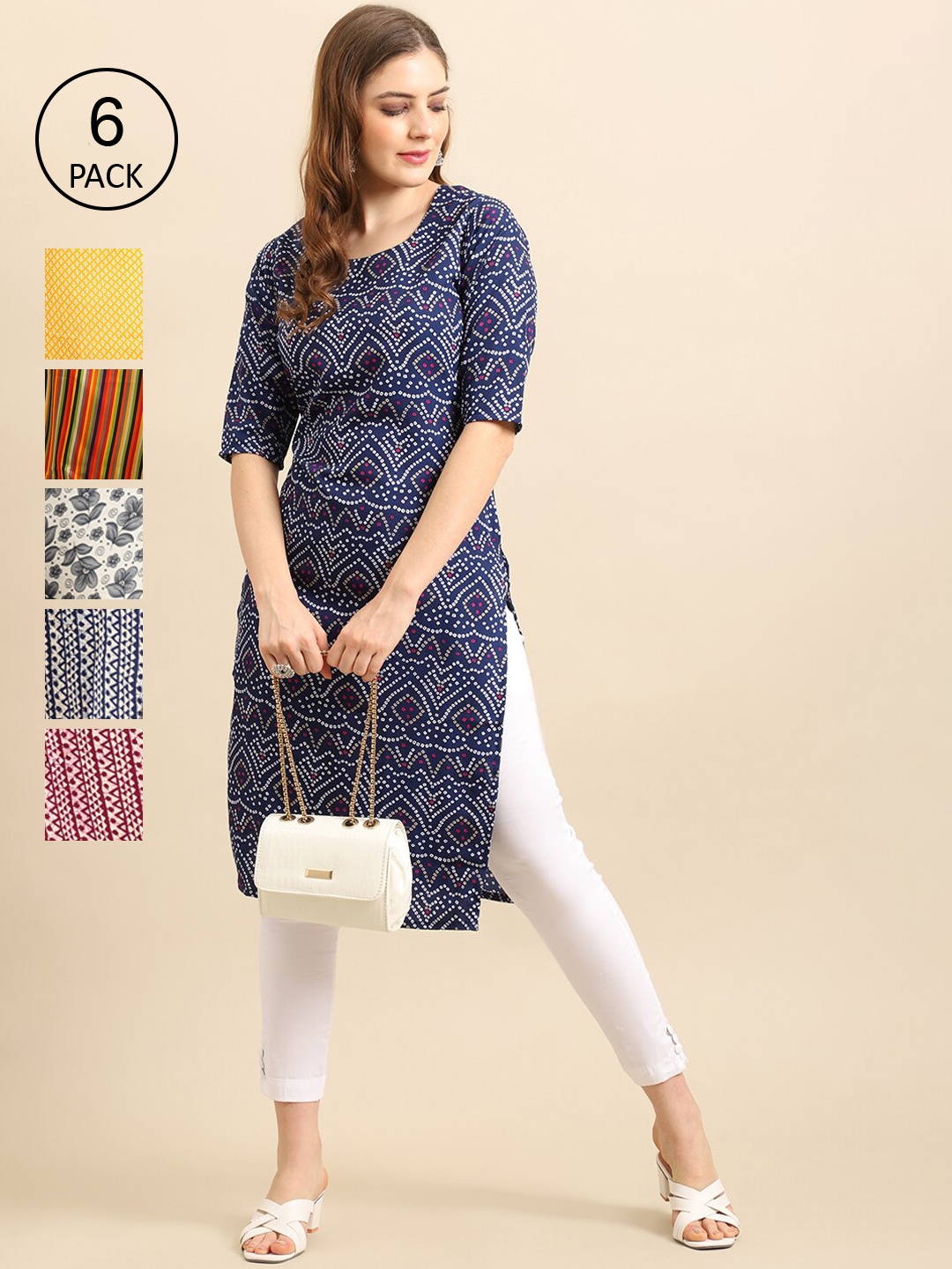 

7Threads Women Multicoloured Geometric Printed Keyhole Neck Thread Work Block Print Crepe Kurta, Multi