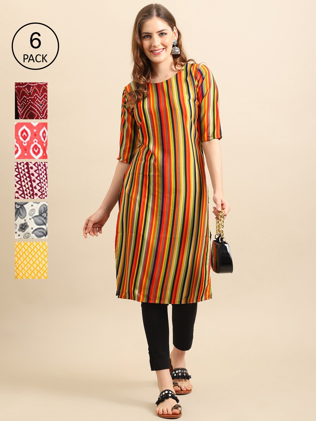 

7Threads Women Pack of 6 Geometric Printed Crepe Kurta, Yellow