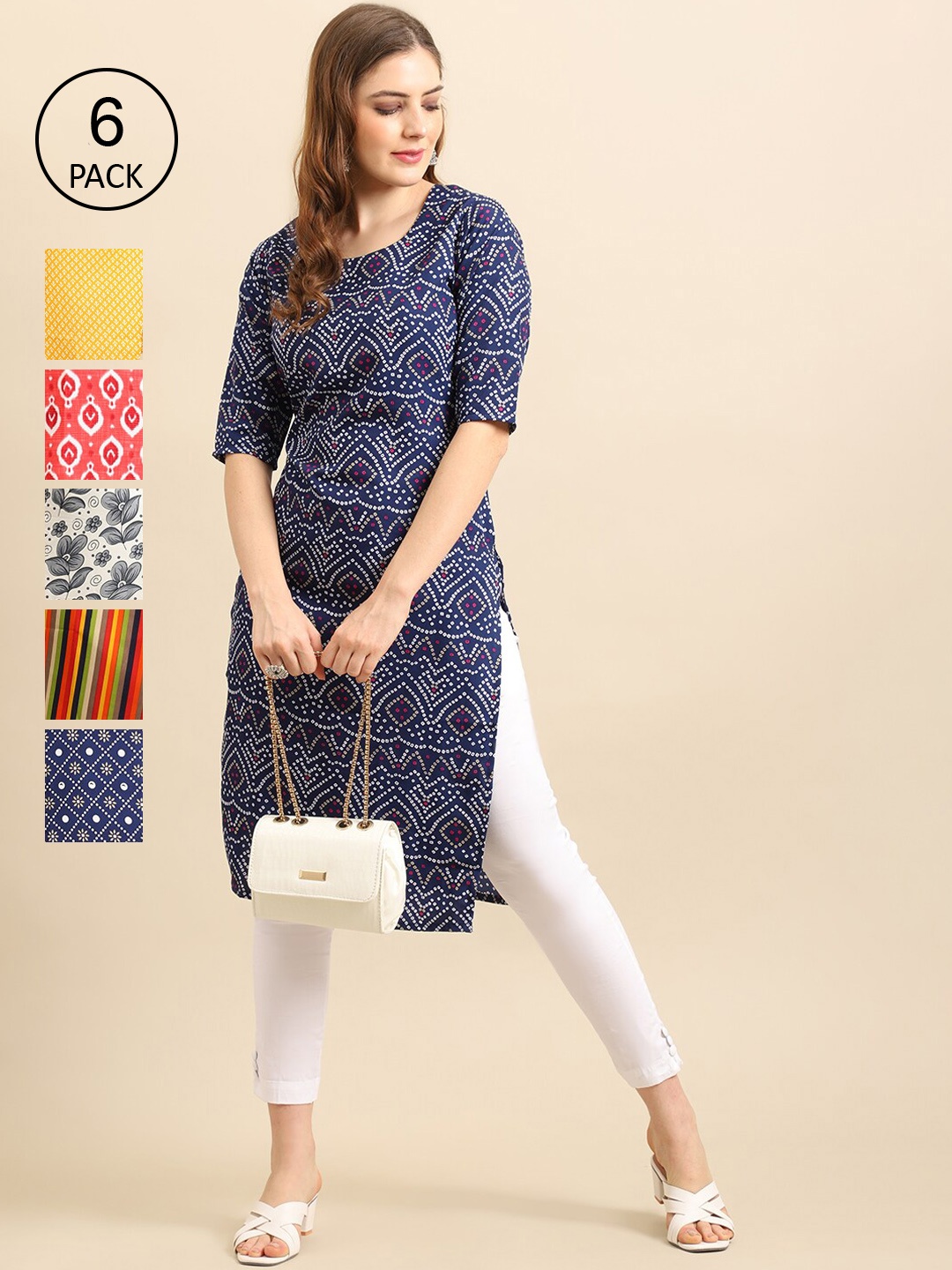 

7Threads Women Multicoloured Geometric Printed Keyhole Neck Thread Work Block Print Crepe Kurta, Multi