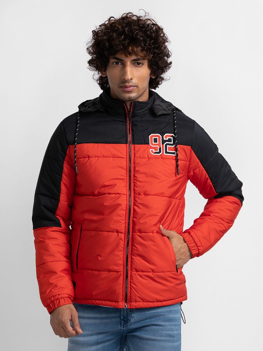 

SPYKAR Colourblocked Hooded Puffer Jacket, Orange